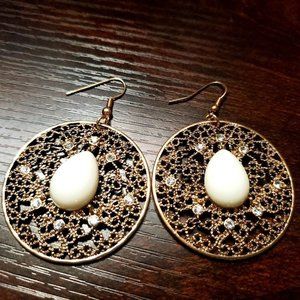 Laura Ashley Women's large round gold disk white teardrop stone  earri…